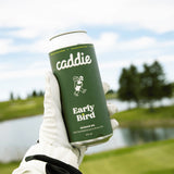 A green can of Caddie Early Bird held with golf glove