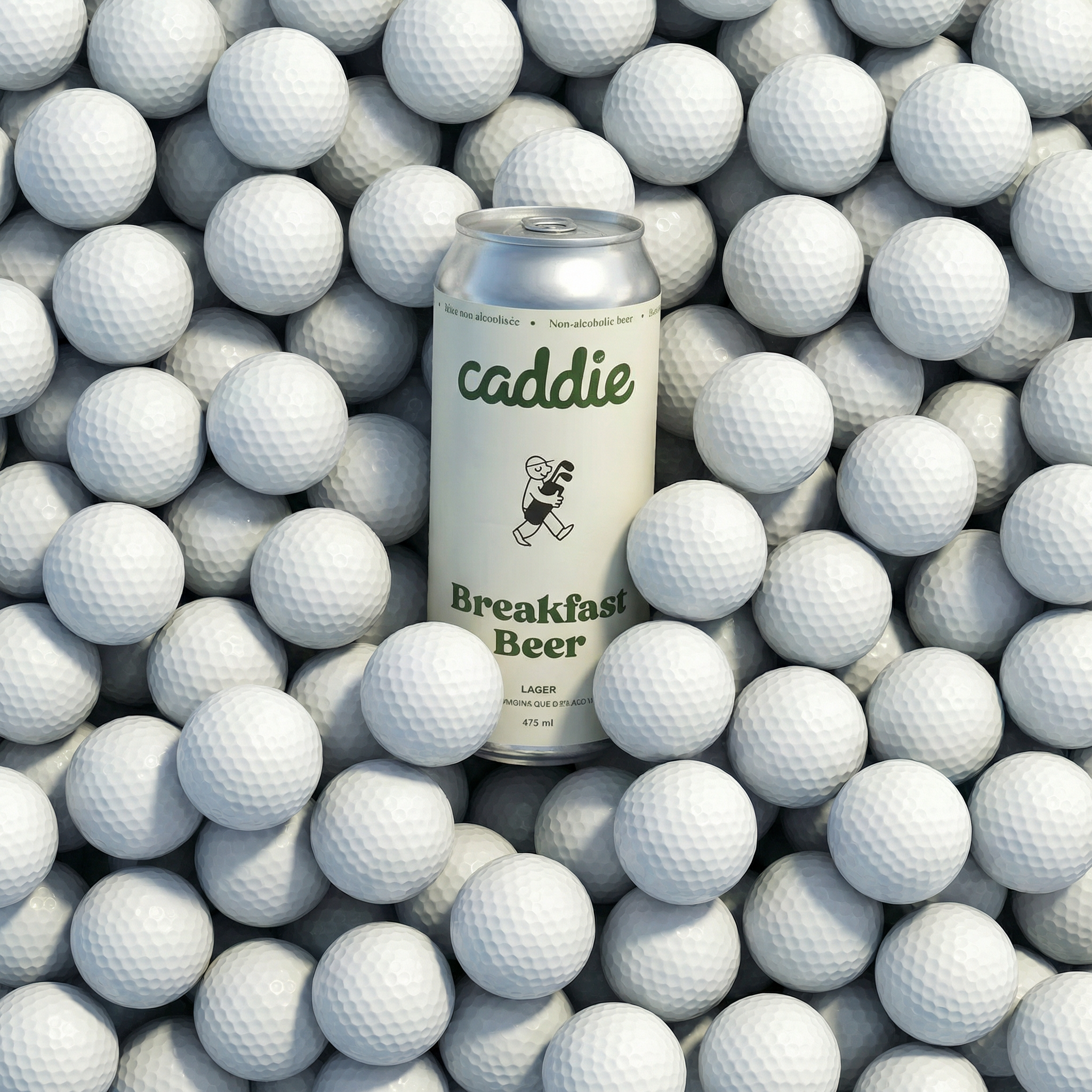 Caddie Breakfast Beer can surrounded by golf balls